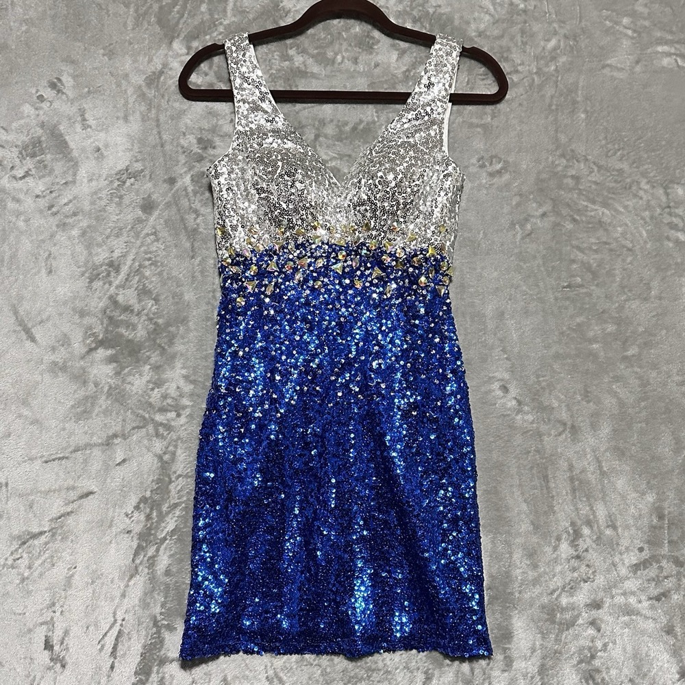 Alyce Paris Sequin Jeweled Cocktail Party‎ Dress Womens Size 0 Royal Blue Silver